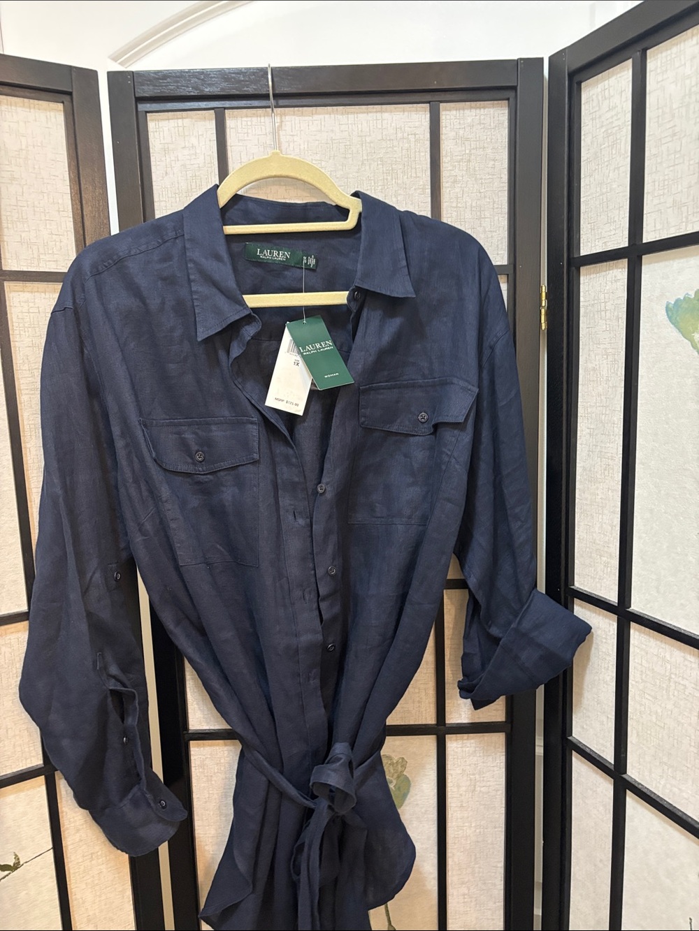 NWT Lauren Ralph Lauren Navy Button-Front Linen Shirt/Blazer with Tie Waist